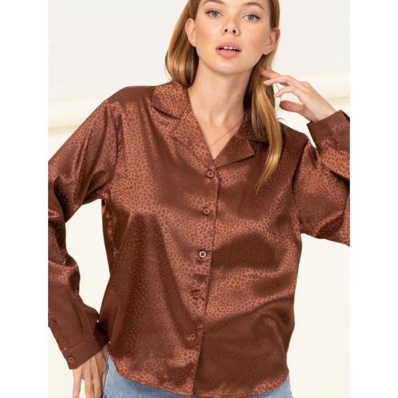 Brown button down animal print top - Picture 2 of 4